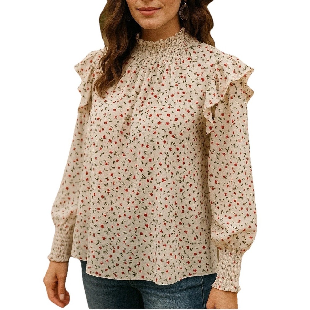 Indie & Co Womens Blouse Top Size XL Multicolor Mock Neck Balloon Sleeve Floral